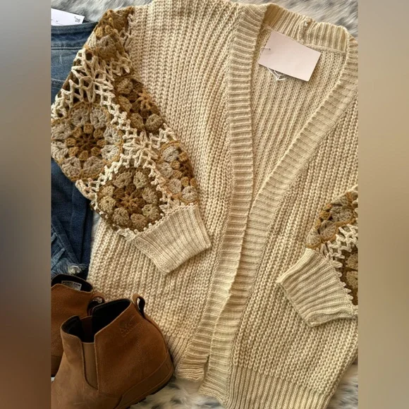 Beige ivory Flower floral granny embroidered cardigan boho bohemian sweater - Picture 13 of 16